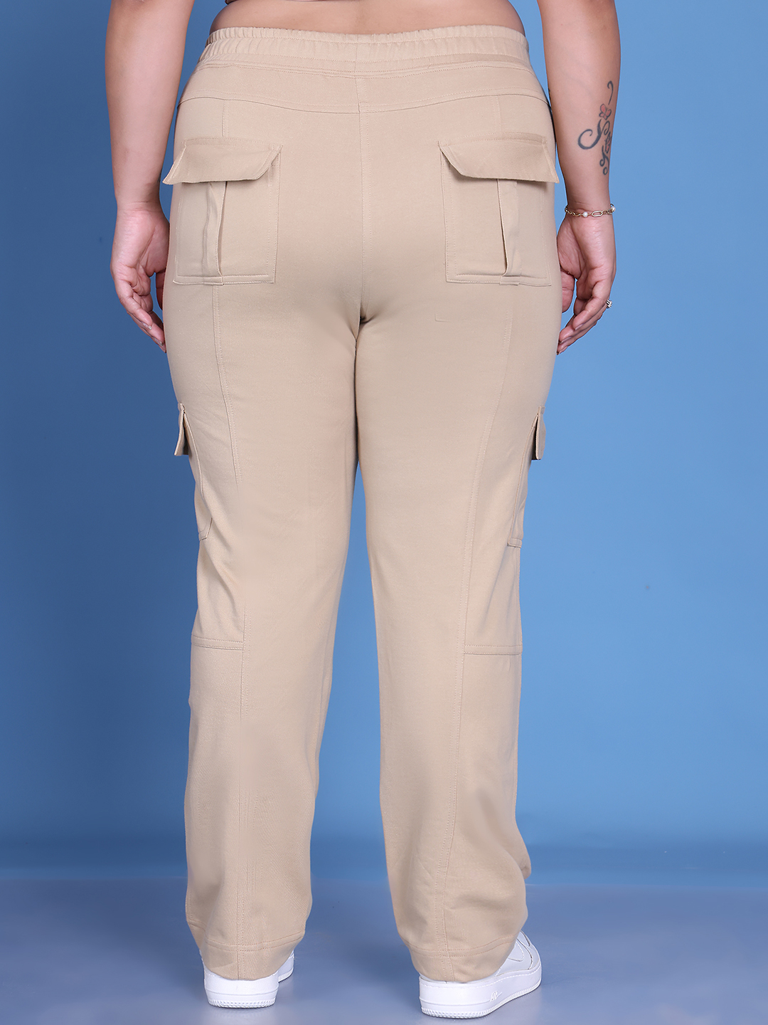 Women's Plus Size Beige Solid Color Cotton Knitted Cargo Trouser