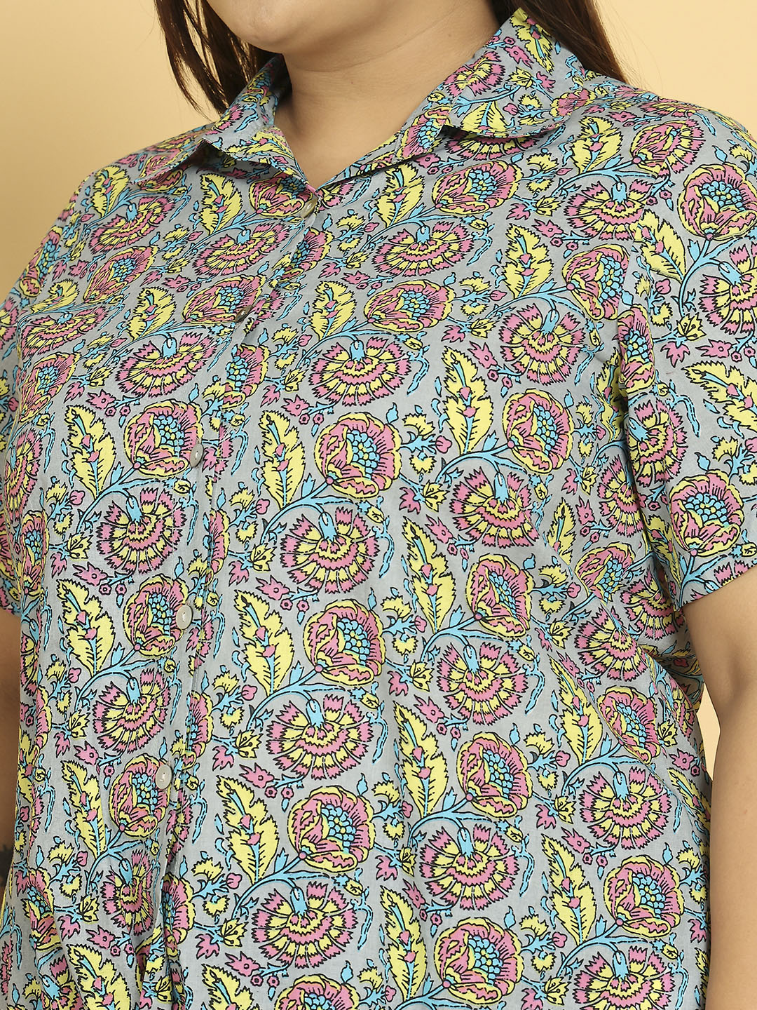 Women's Plus Size Grey Floral Printed Cotton Shirt