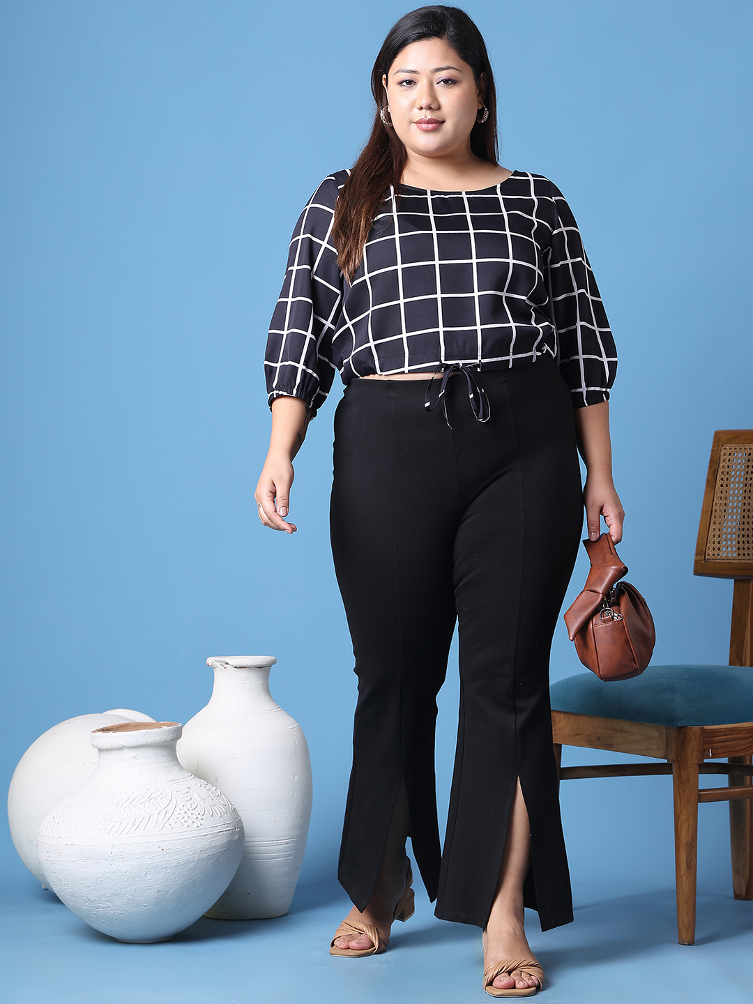Women's Plus Size Black Check Printed Crepe Top