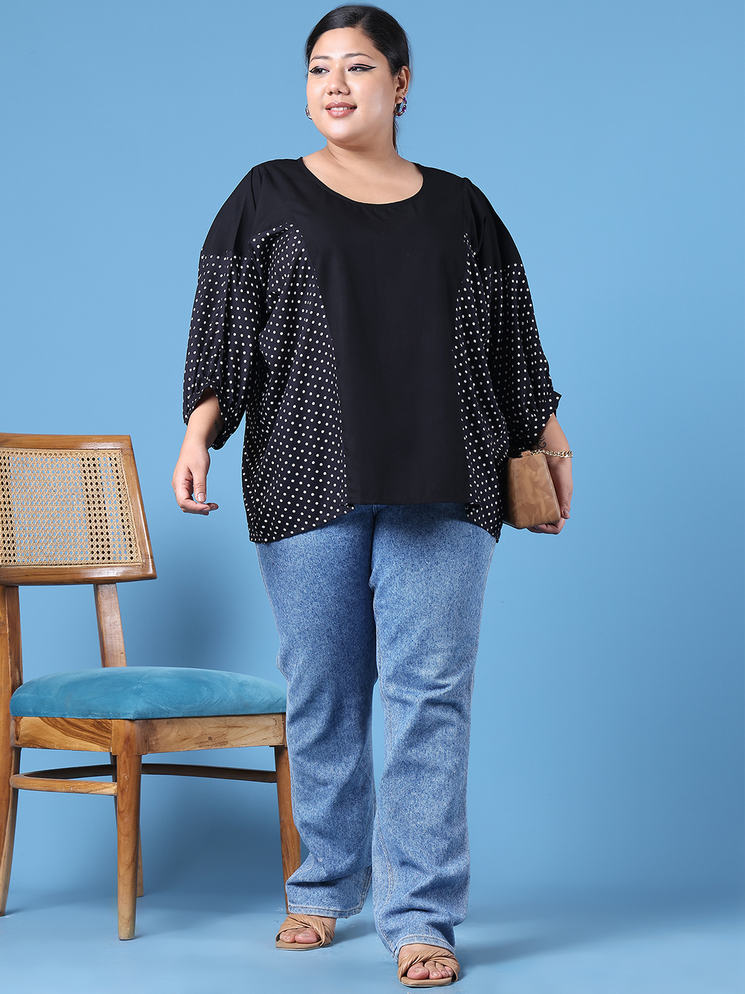 Women's Plus Size Black & White Polka Dot Printed kafatn Type Top