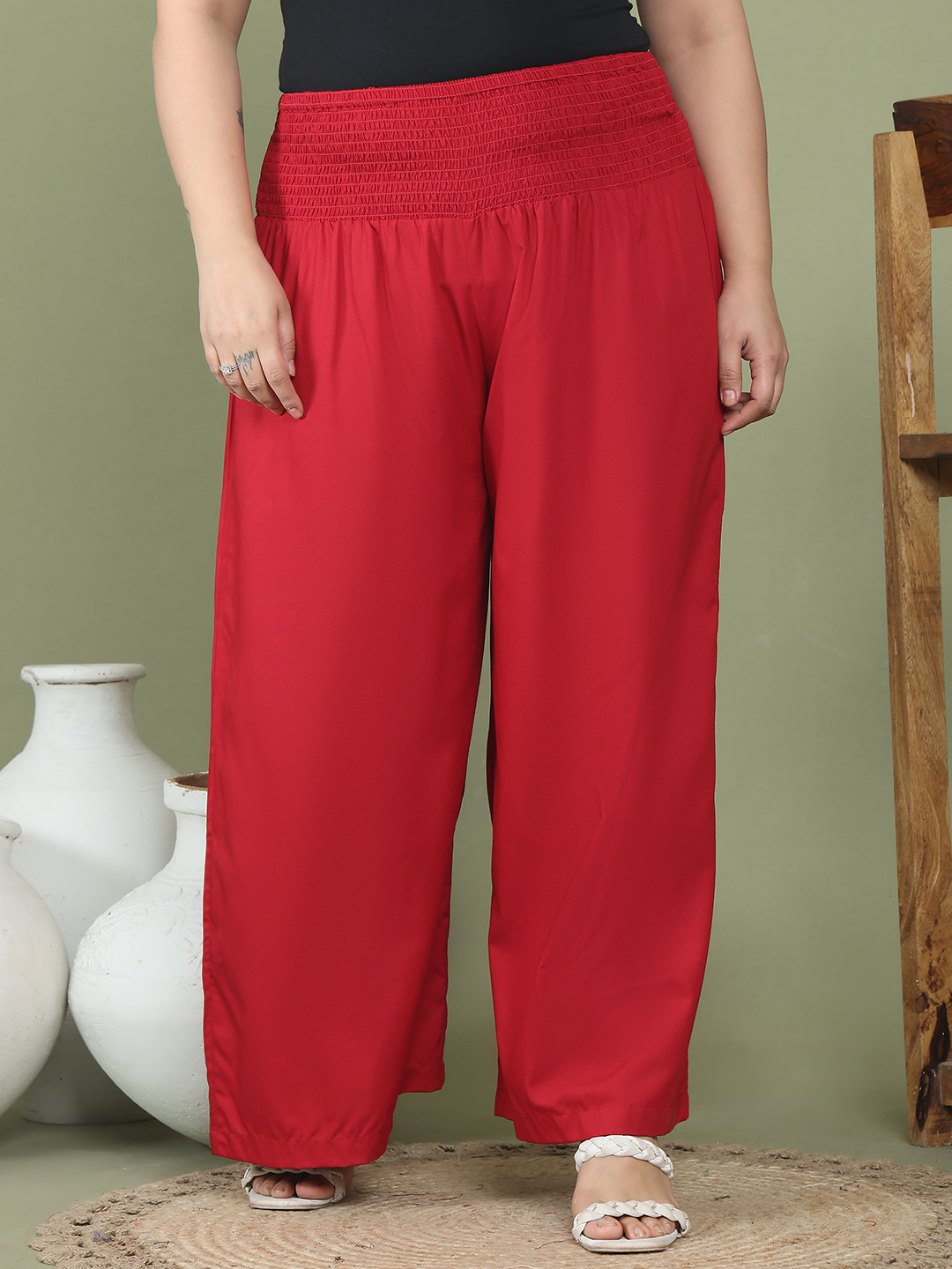 Women's Plus Size Maroon Solid Color Woven Wide Leg Flared Trouser
