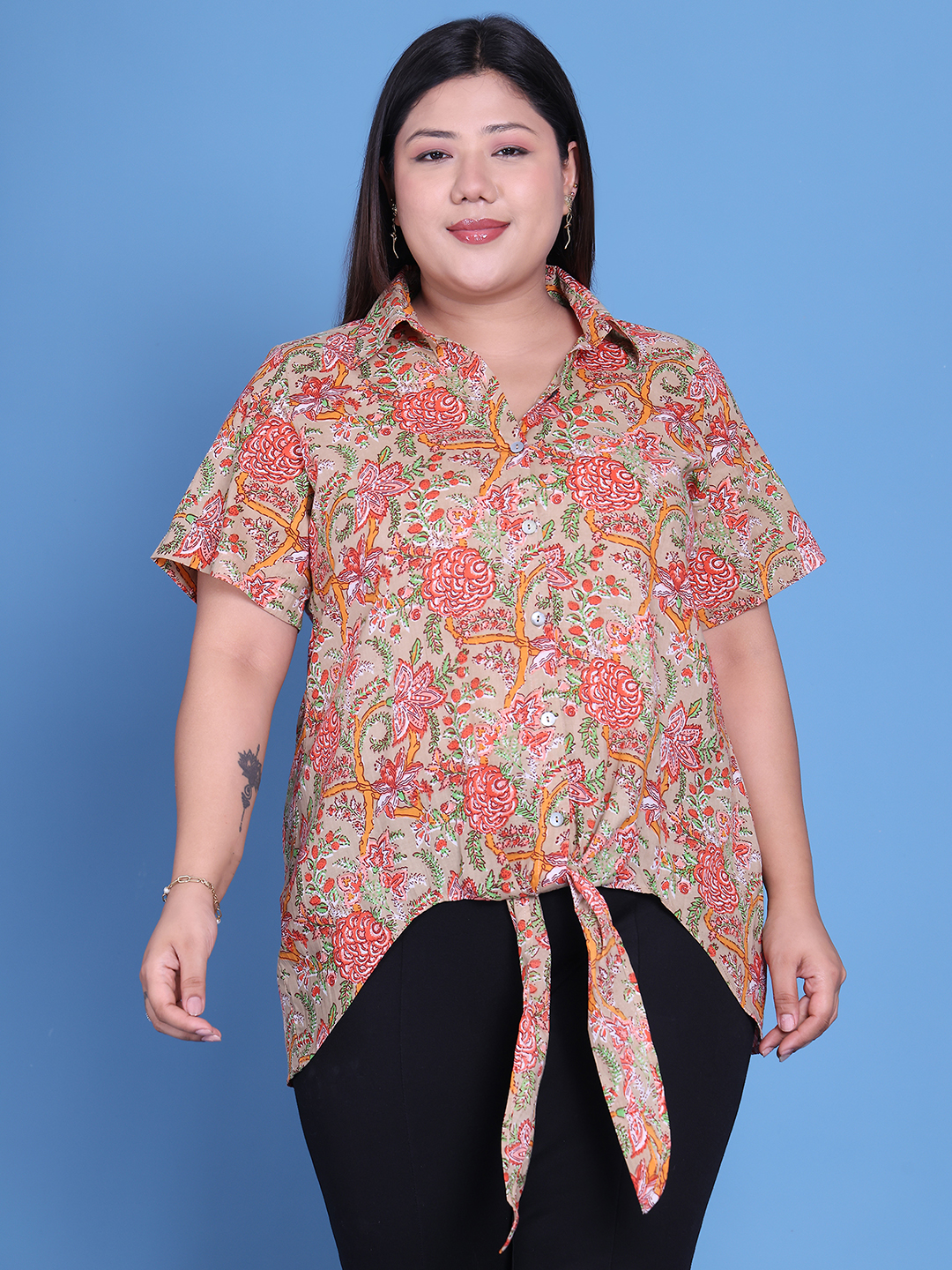 Women's Plus Size Green Floral Printed Cotton Shirt