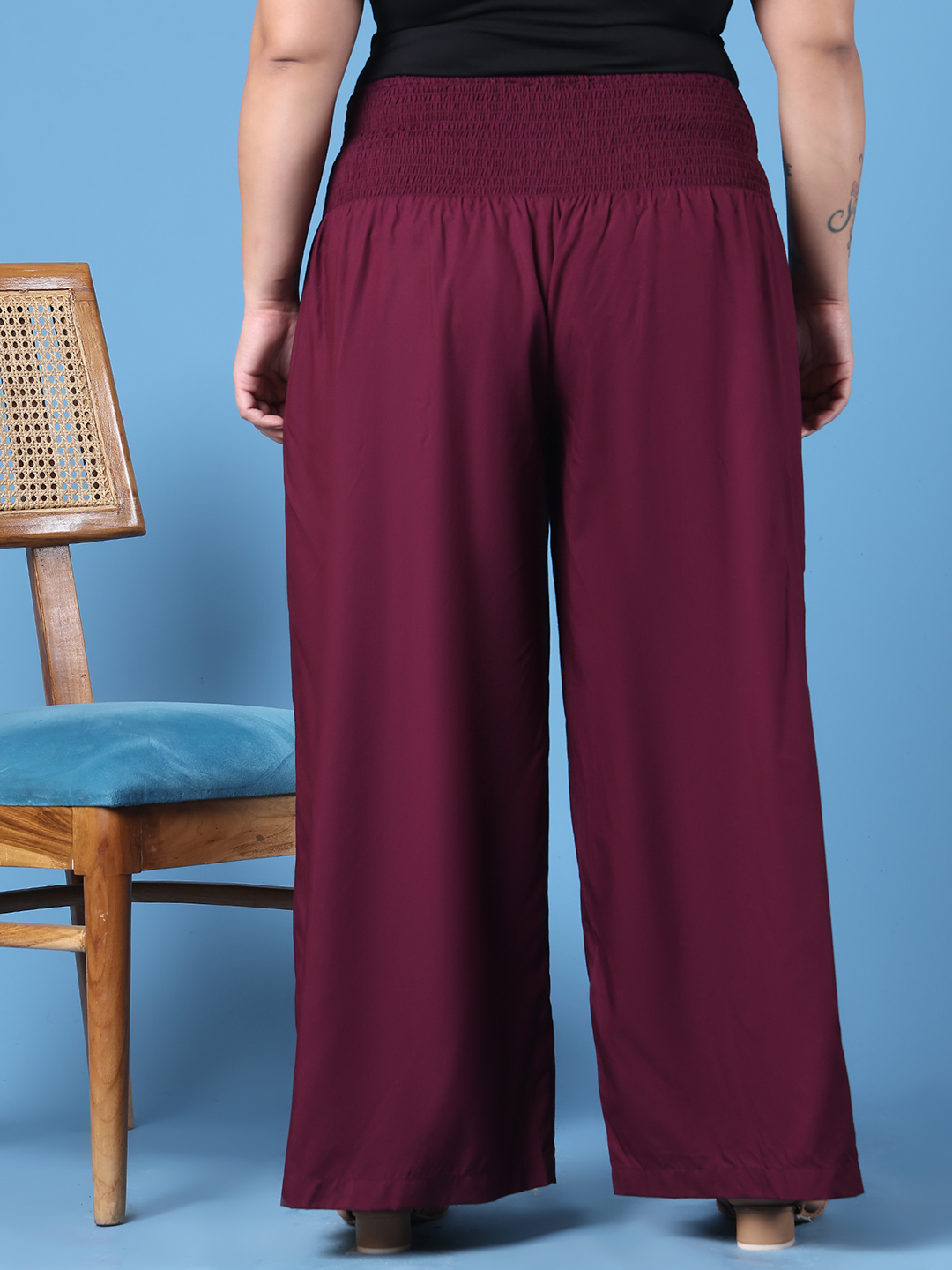 Women's Plus Size Burgundy Solid Color Woven Wide Leg Flared Trouser