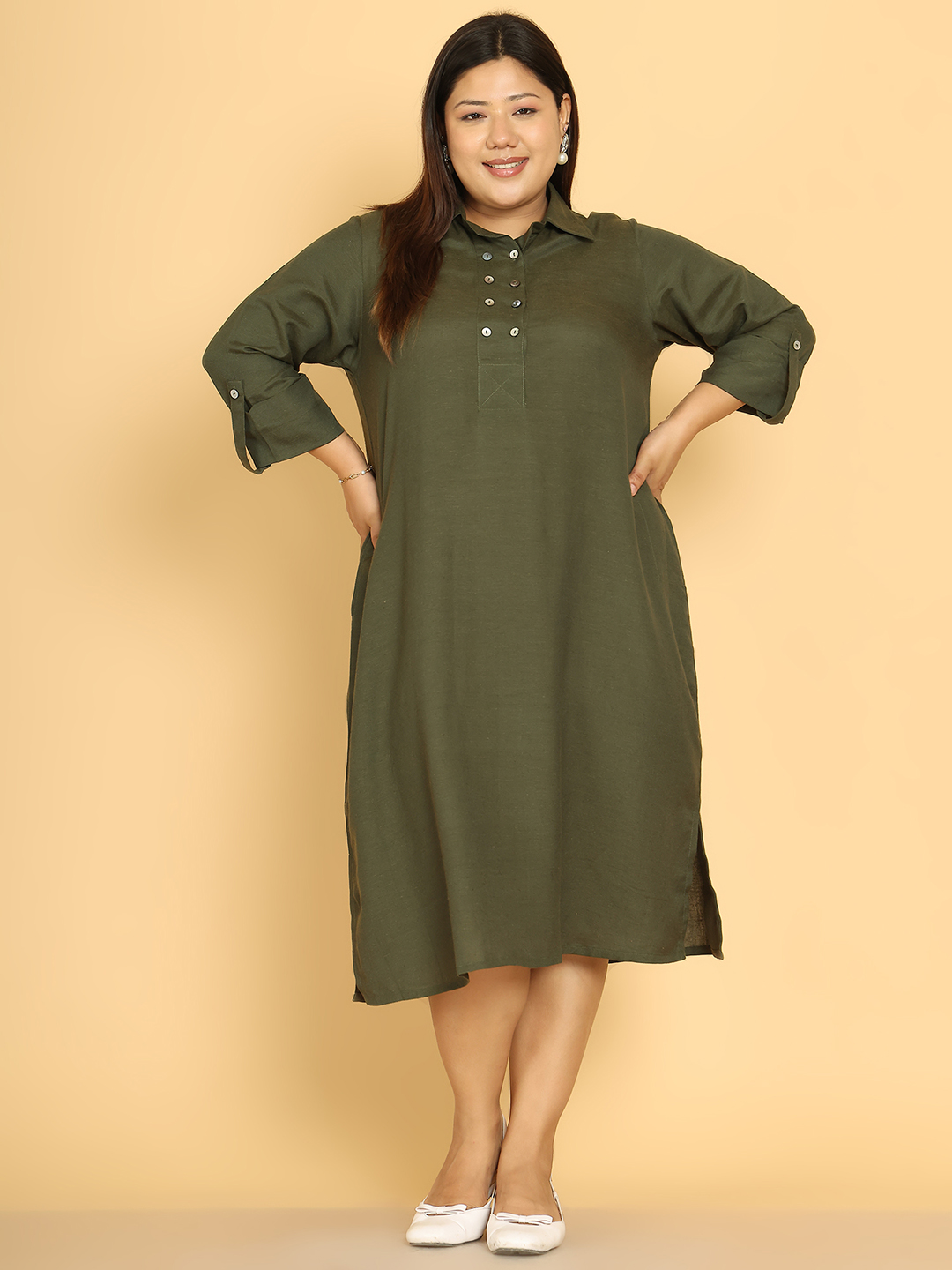 Women's Plus Size Olive Solid Color A-Line Linen Dress