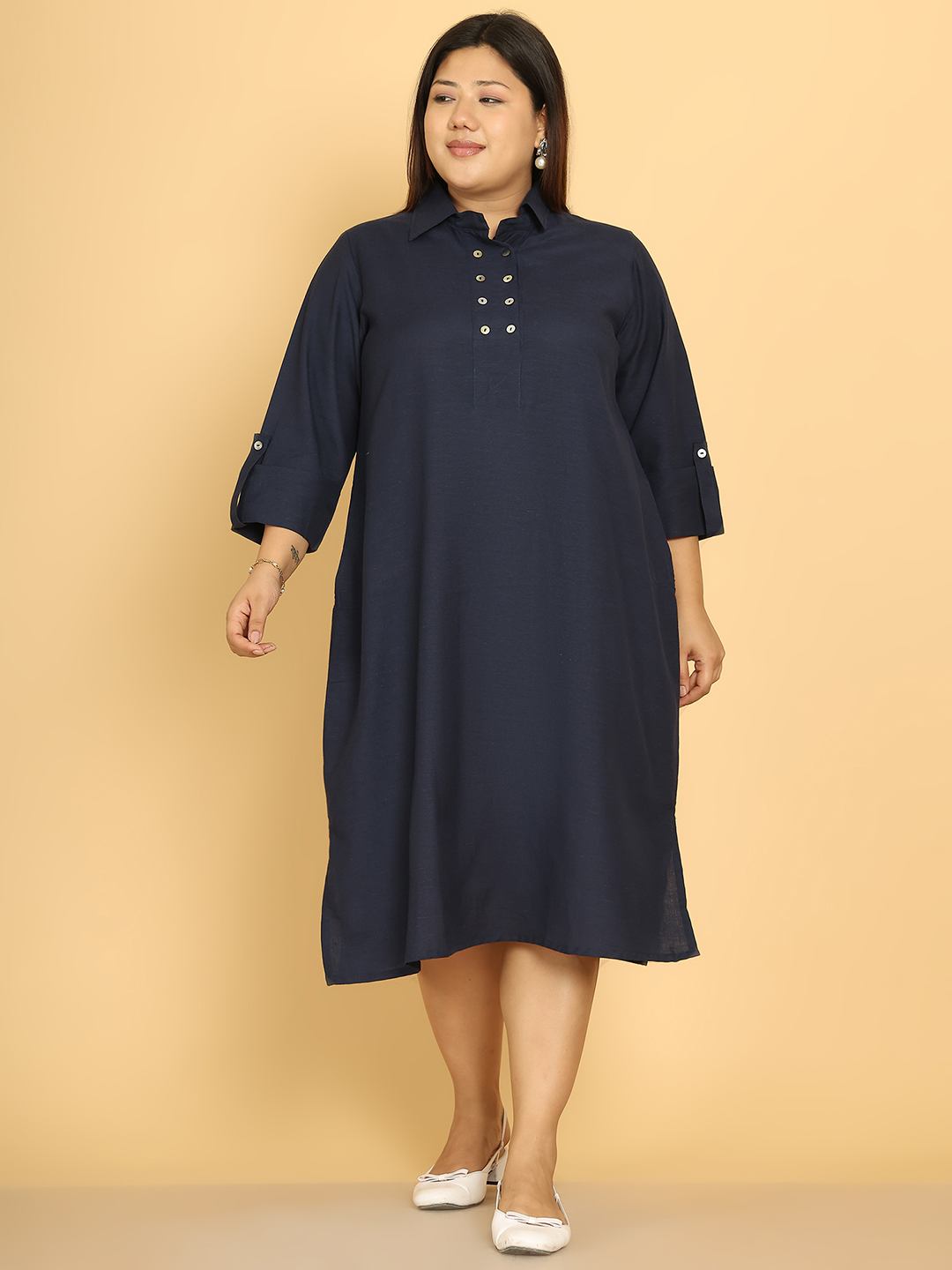 Women's Plus Size Navy Blue Solid Color A-Line Linen Dress