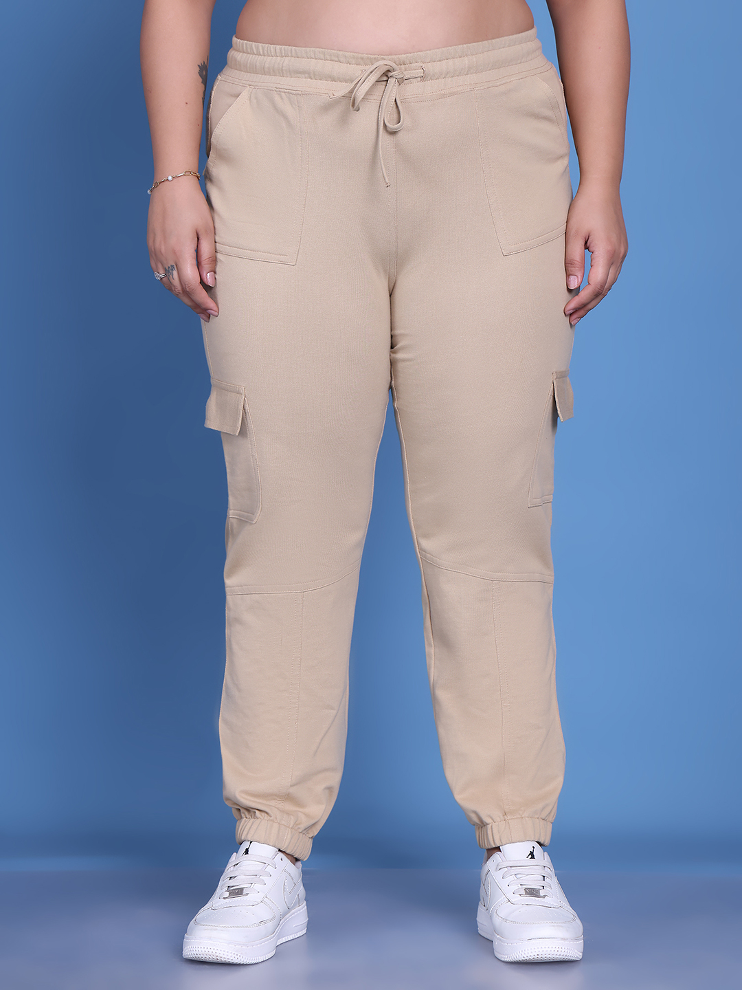 Women's Plus Size Beige Solid Color Knitted Cargo Trouser