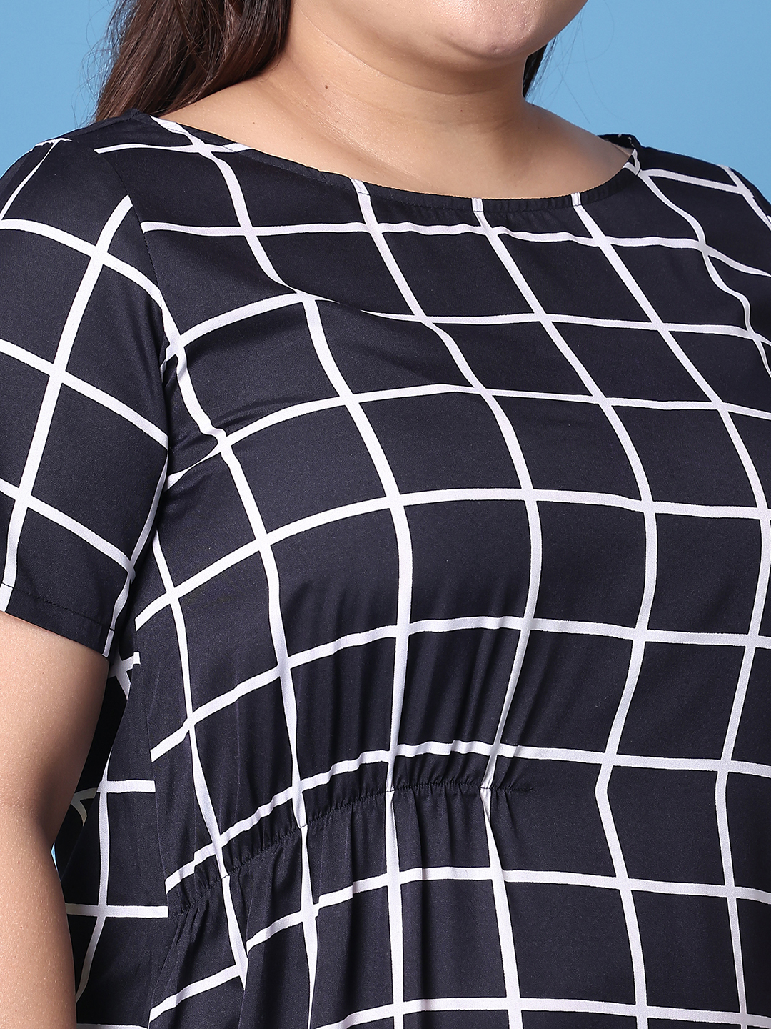 Women's Plus Size Black Checked Printed A-Line Crepe Dress