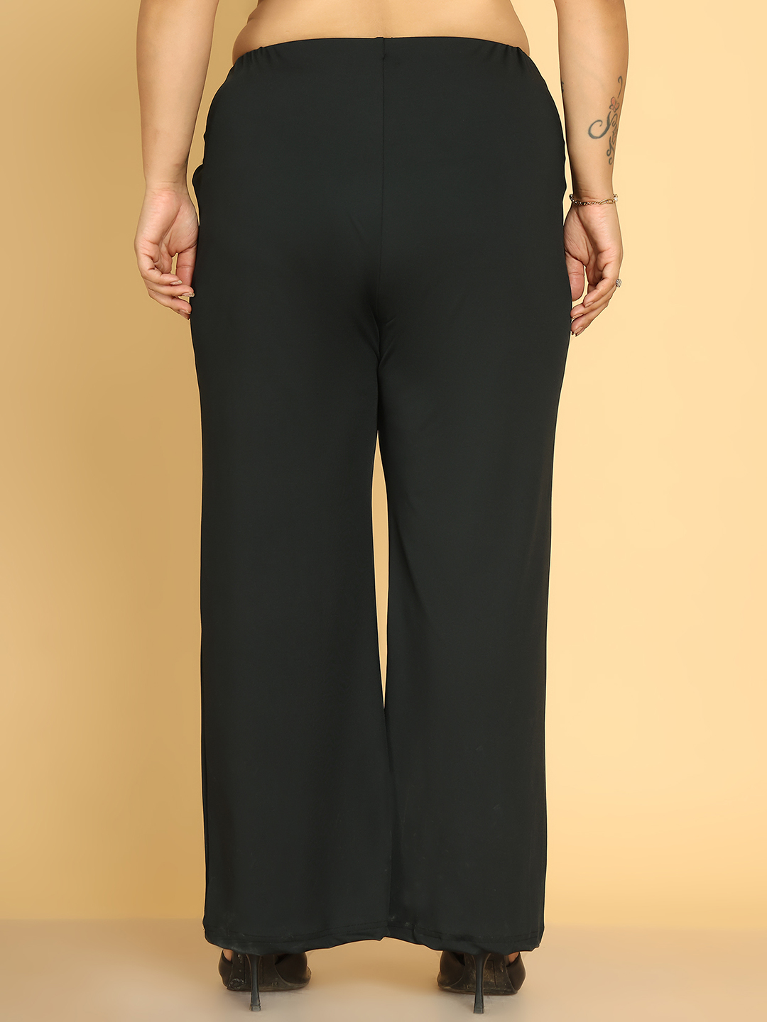 Women's Plus Size Black Solid Color Poly Trouser with waist knot tie-up detail