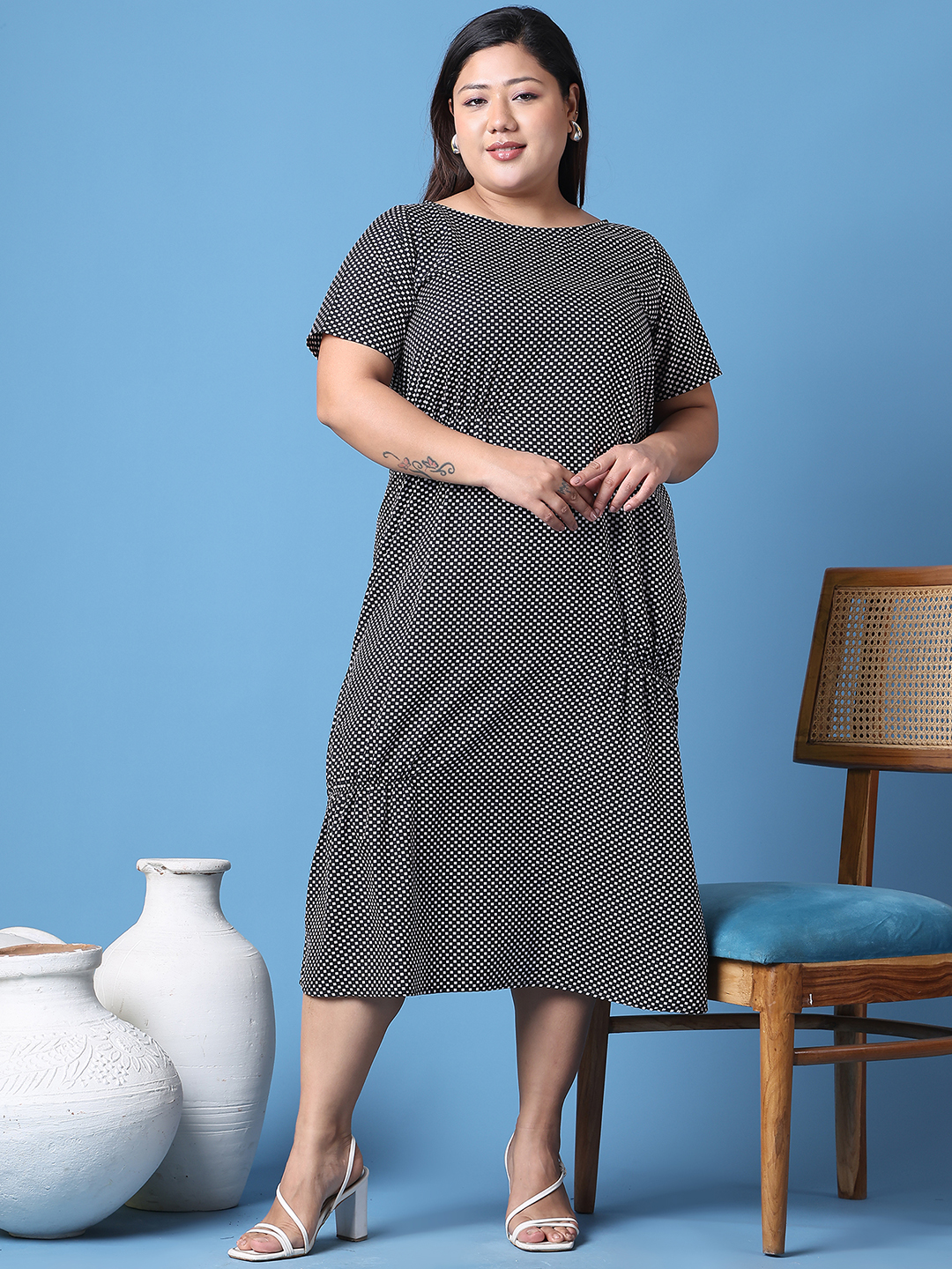Women's Plus Size Black Geometric Printed A-Line Crepe Dress