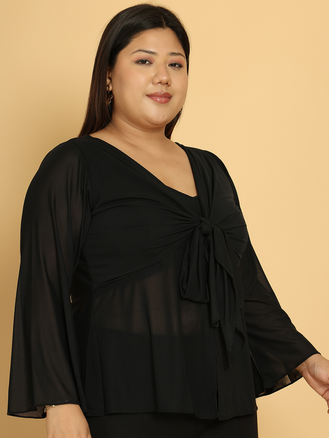 Women's Plus Size Black solid color poly knitted Tie-up mesh top