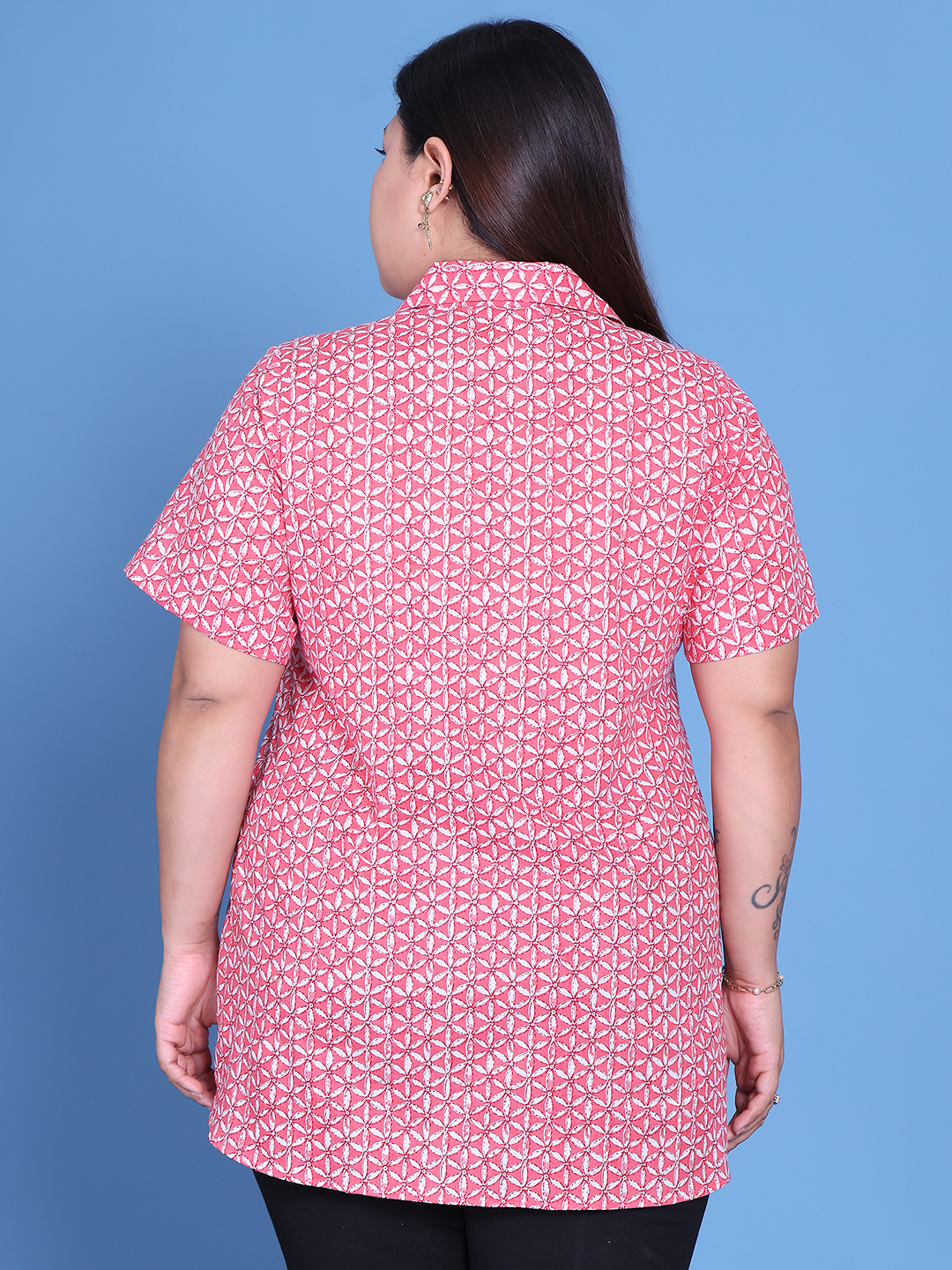 Women's Plus Size Pink Floral Printed Cotton Shirt
