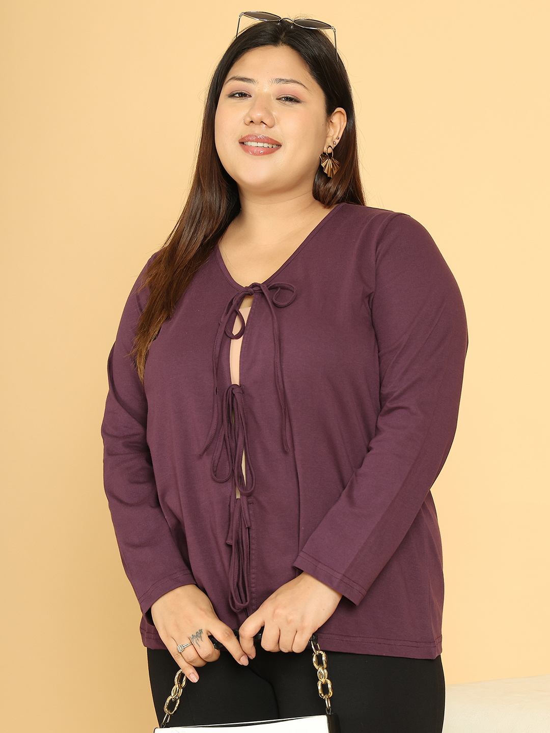 Women's Plus Size Purple Solid Color Cotton Knitted Shrug