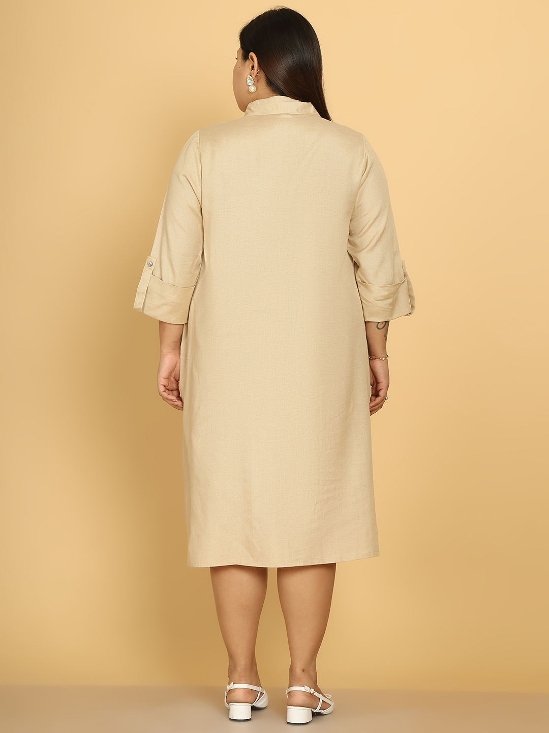 Women's Plus Size Beige Solid Color A-Line Linen Dress