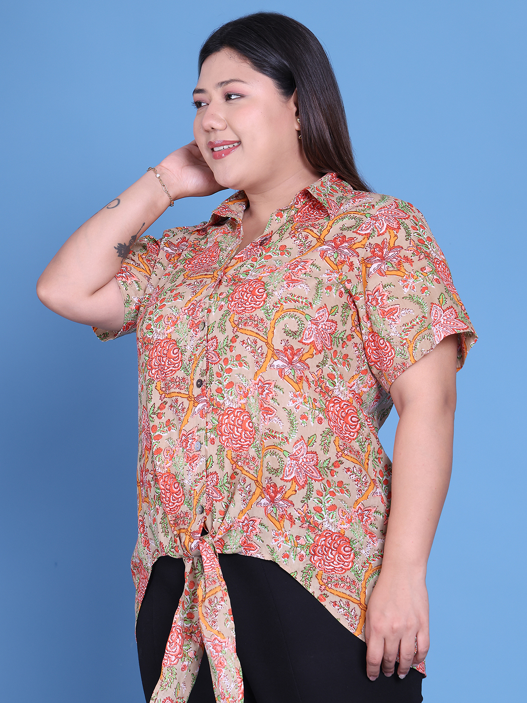 Women's Plus Size Green Floral Printed Cotton Shirt