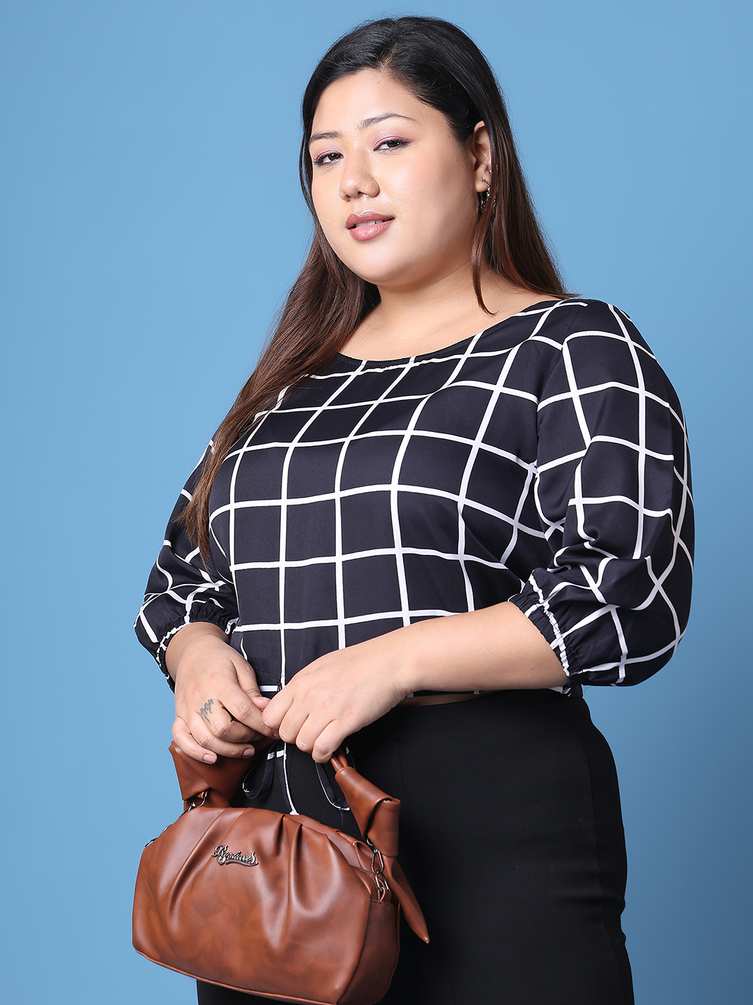 Women's Plus Size Black Check Printed Crepe Top