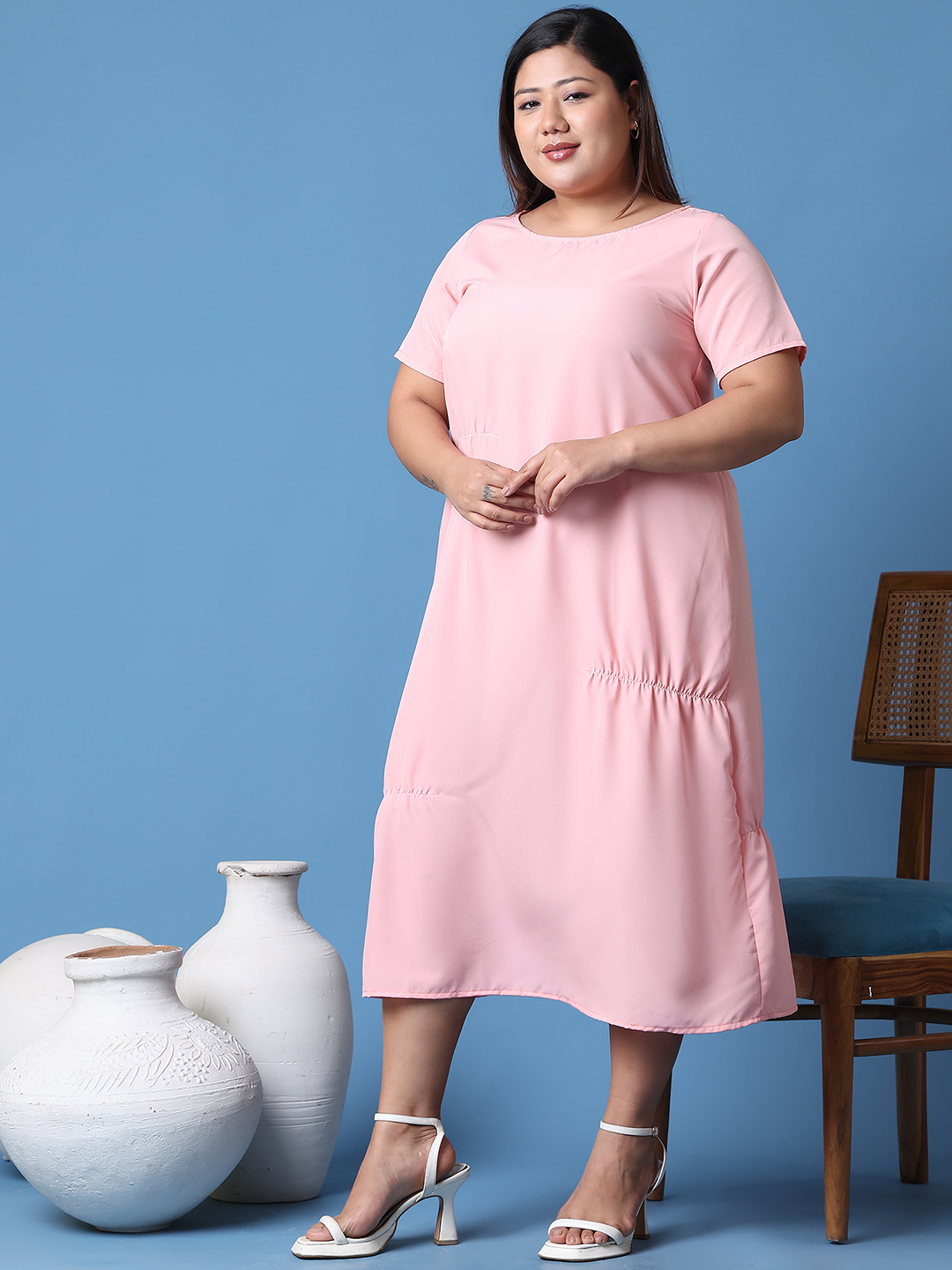 Women's Plus Size Pink Solid Color A-Line Crepe Dress