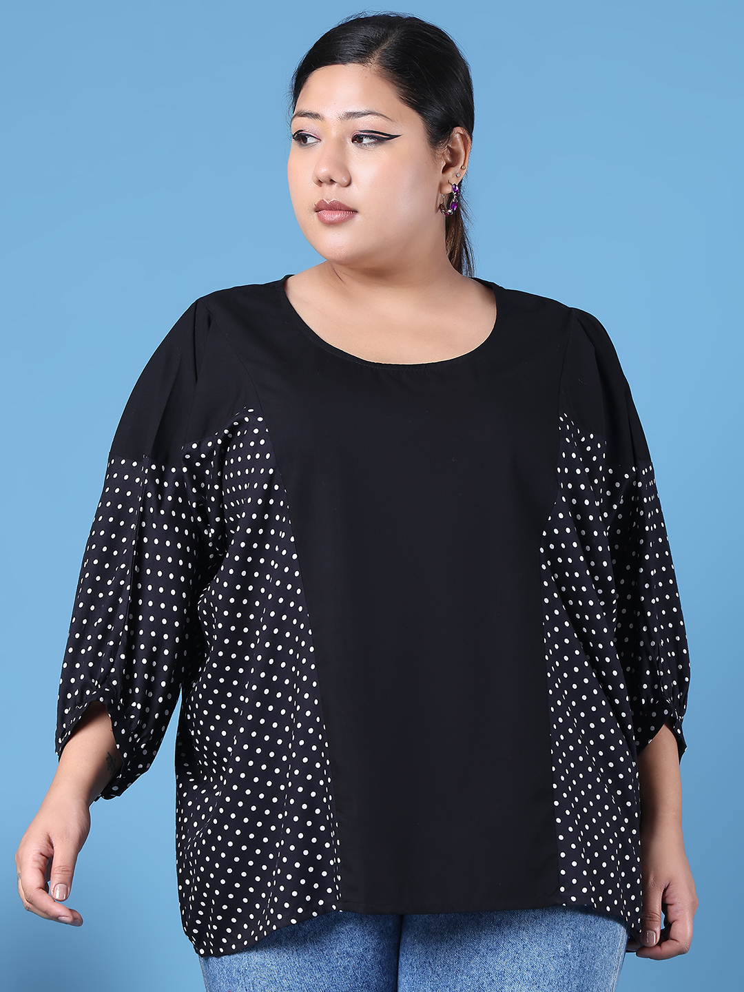 Women's Plus Size Black & White Polka Dot Printed kafatn Type Top