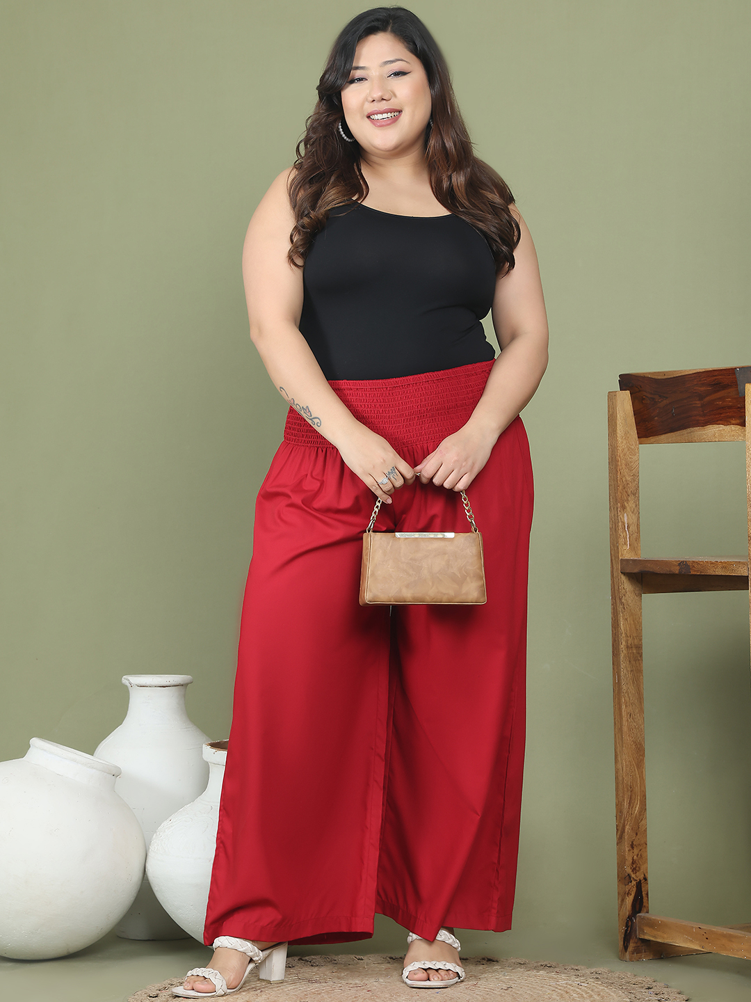 Women's Plus Size Maroon Solid Color Woven Wide Leg Flared Trouser