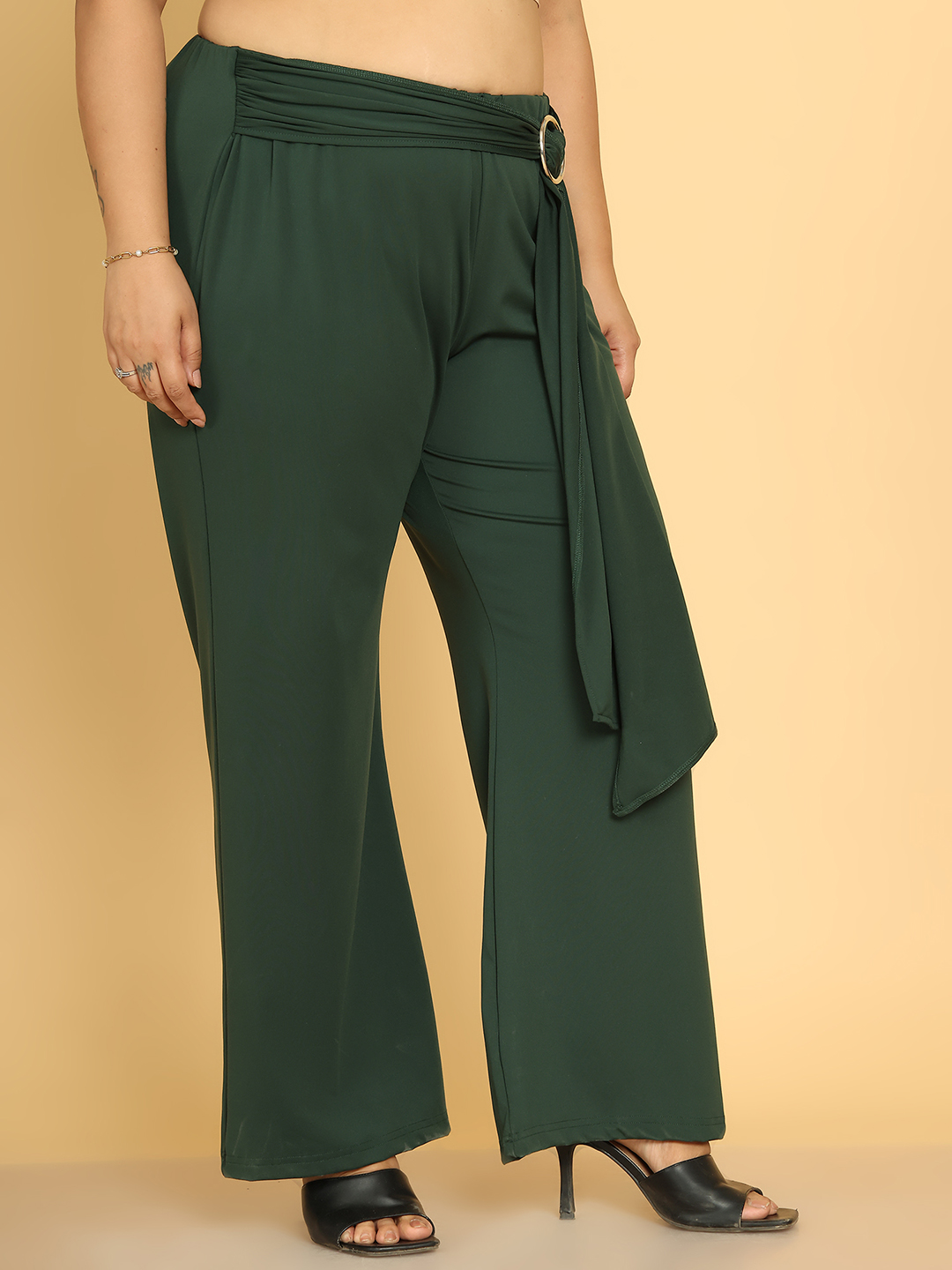 Women's Plus Size Olive Solid Color Poly Trouser with waist knot tie-up detail