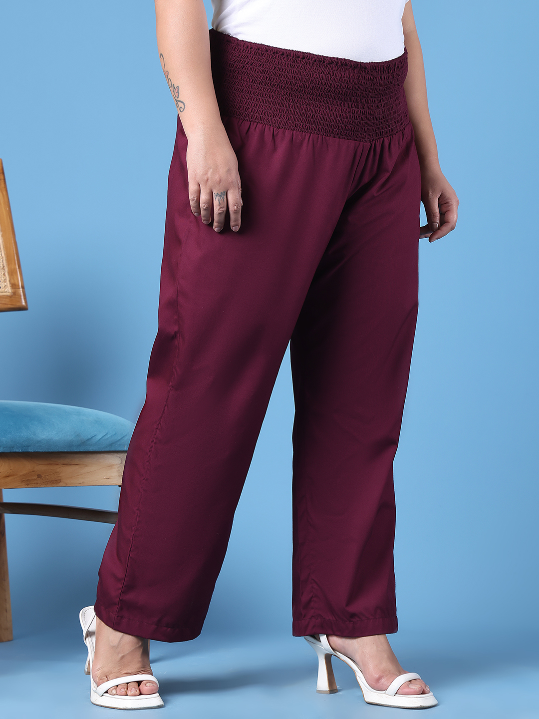 Women's Plus Size Wine Solid Color Woven Straight Fit Trouser