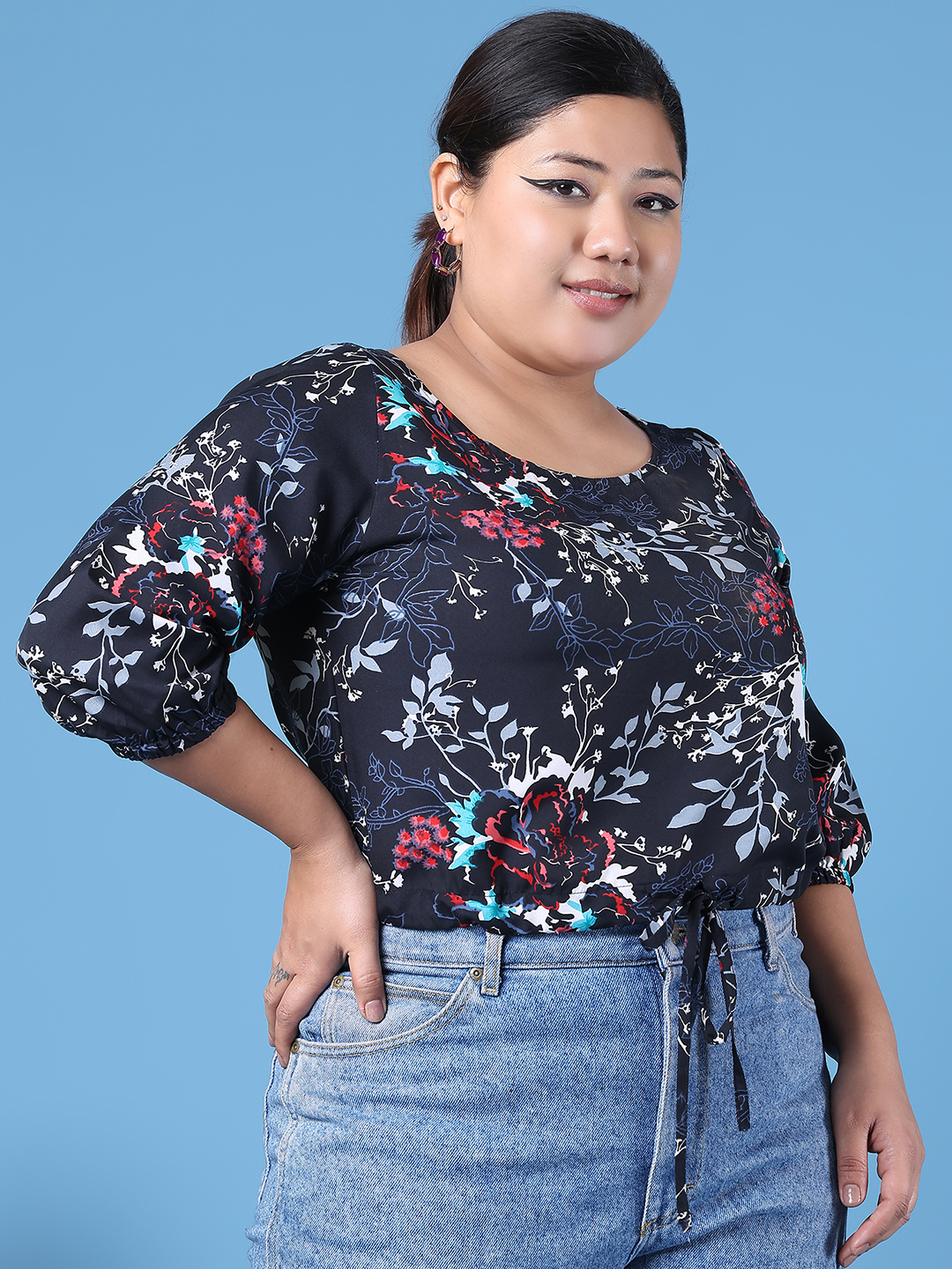 Women's Plus Size Black Floral Printed Crepe Top