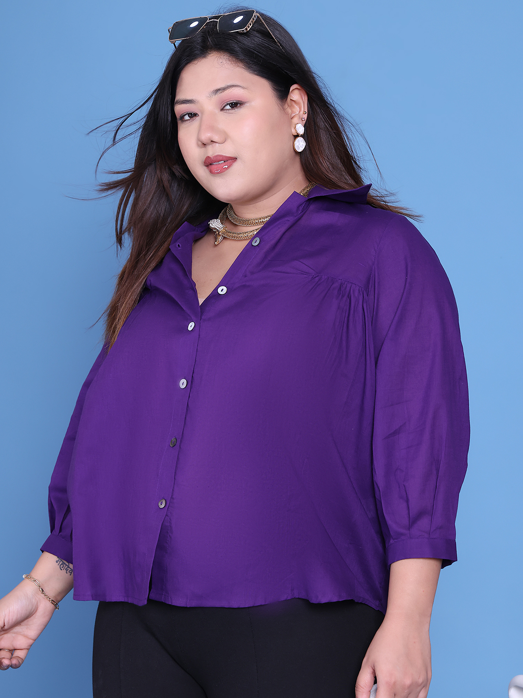 Women's Plus Size Purple Solid Color Cotton Shirt