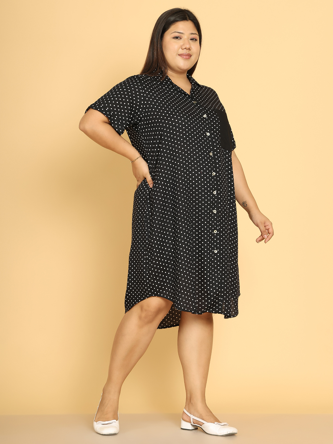 Women's Plus Size Black Polka Dot Printed A-Line Dress