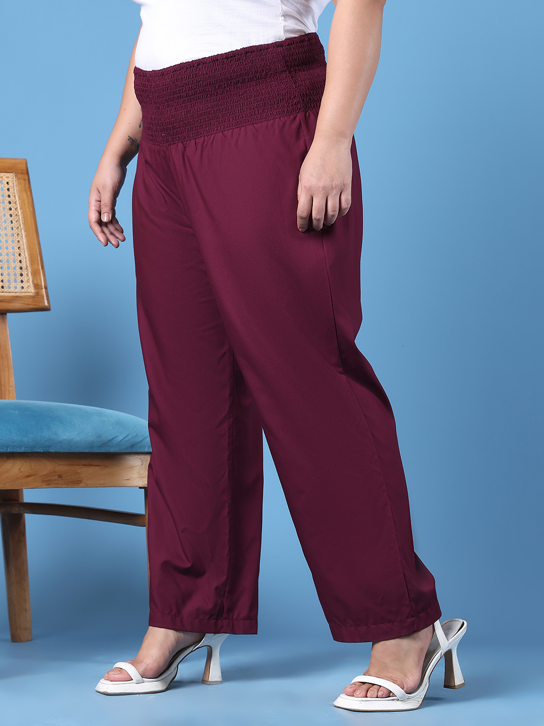 Women's Plus Size Wine Solid Color Woven Straight Fit Trouser
