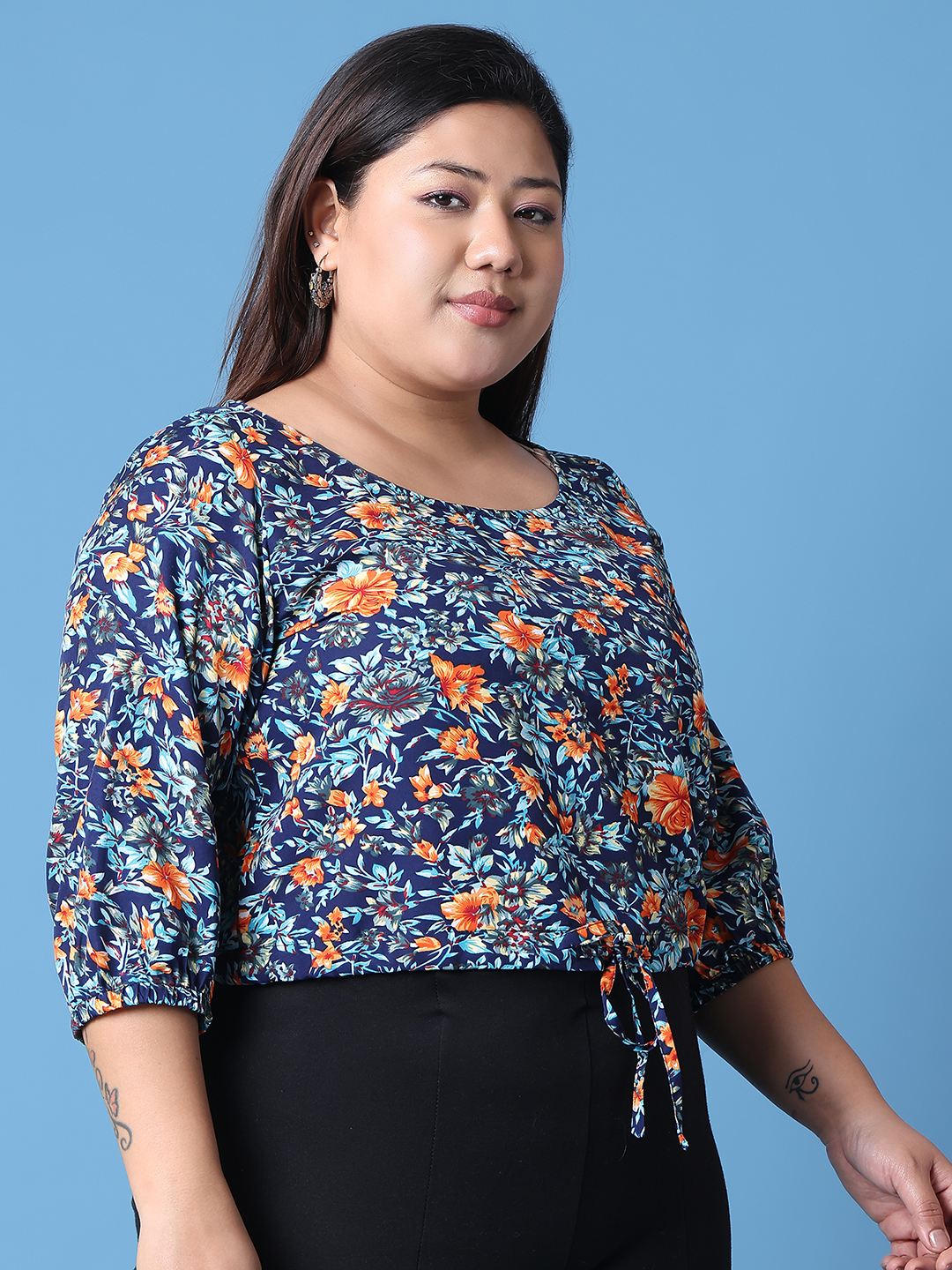 Women's Plus Size Navy Floral Printed Crepe Top