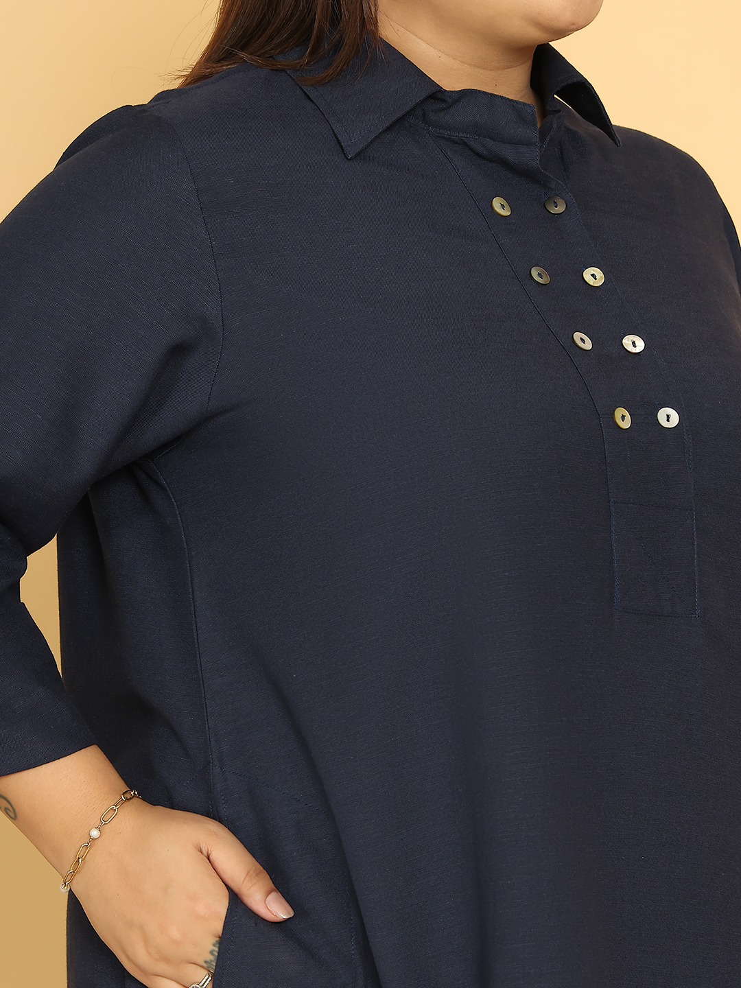 Women's Plus Size Navy Blue Solid Color A-Line Linen Dress
