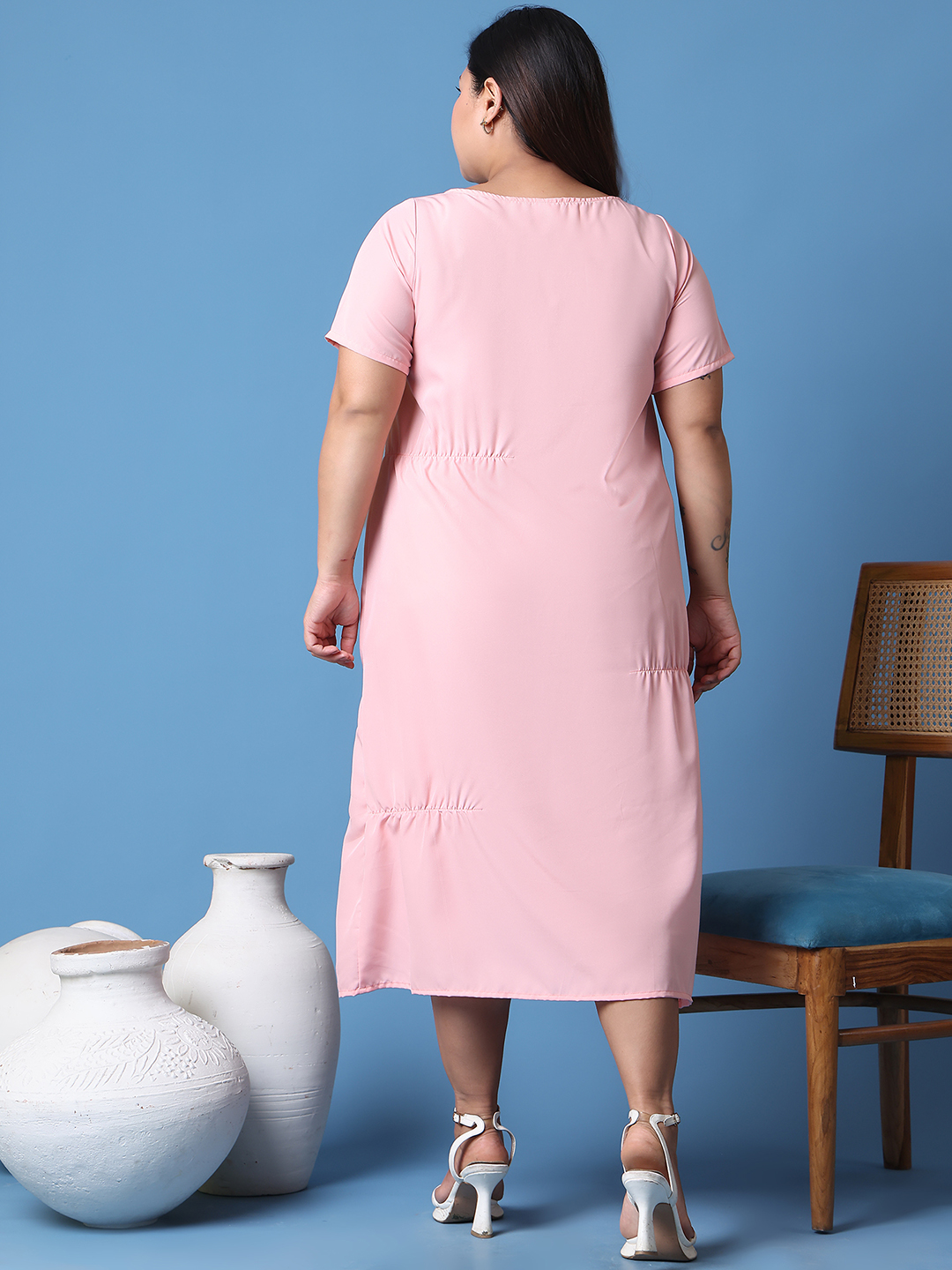 Women's Plus Size Pink Solid Color A-Line Crepe Dress