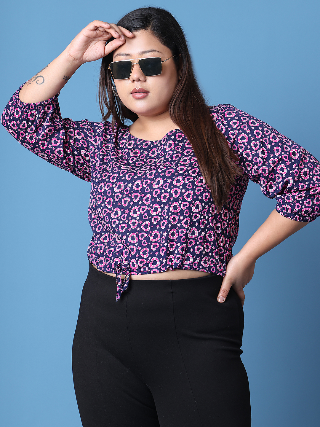 Women's Plus Size Navy heart graphic Printed Crepe Top