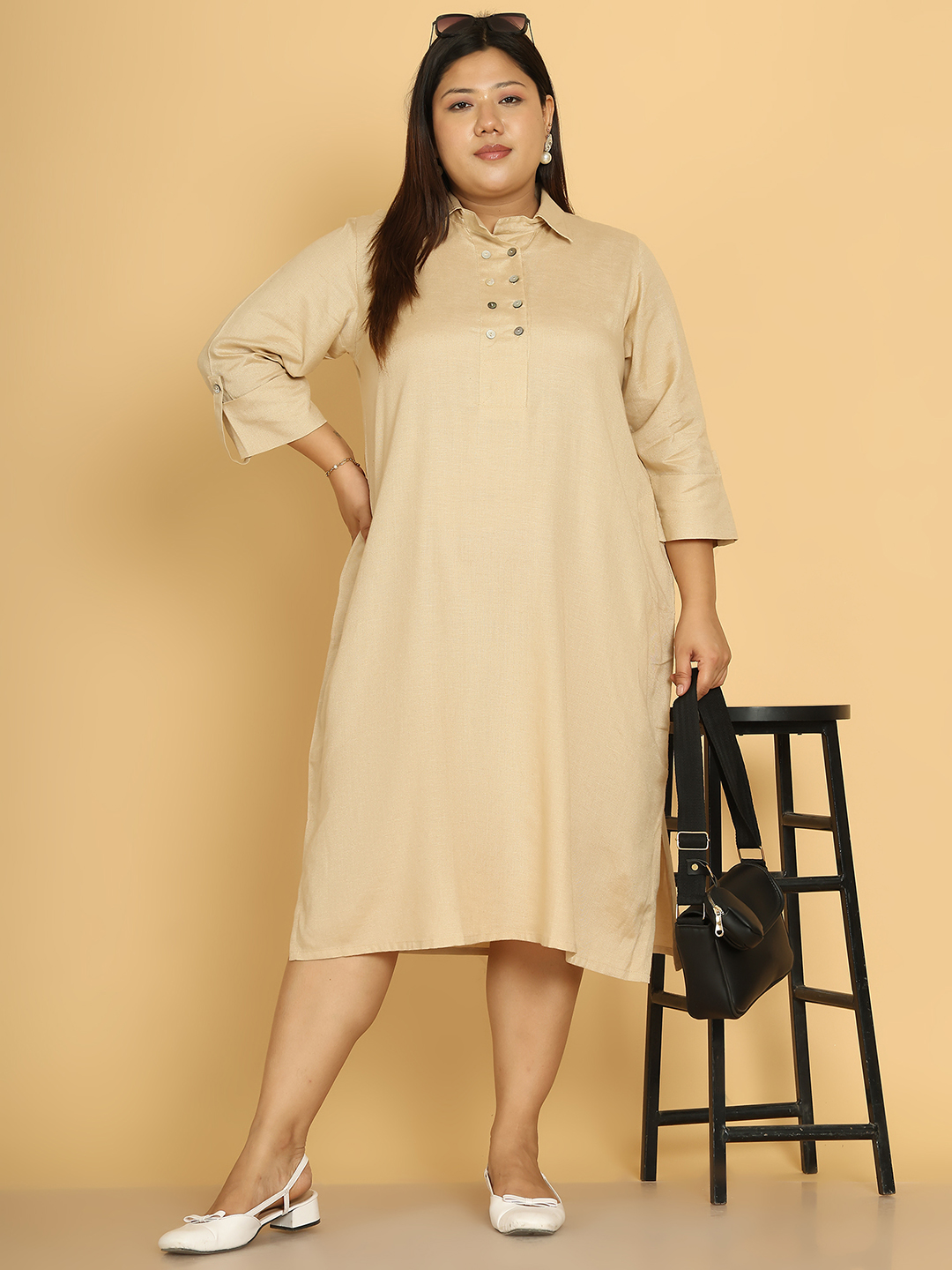 Women's Plus Size Beige Solid Color A-Line Linen Dress