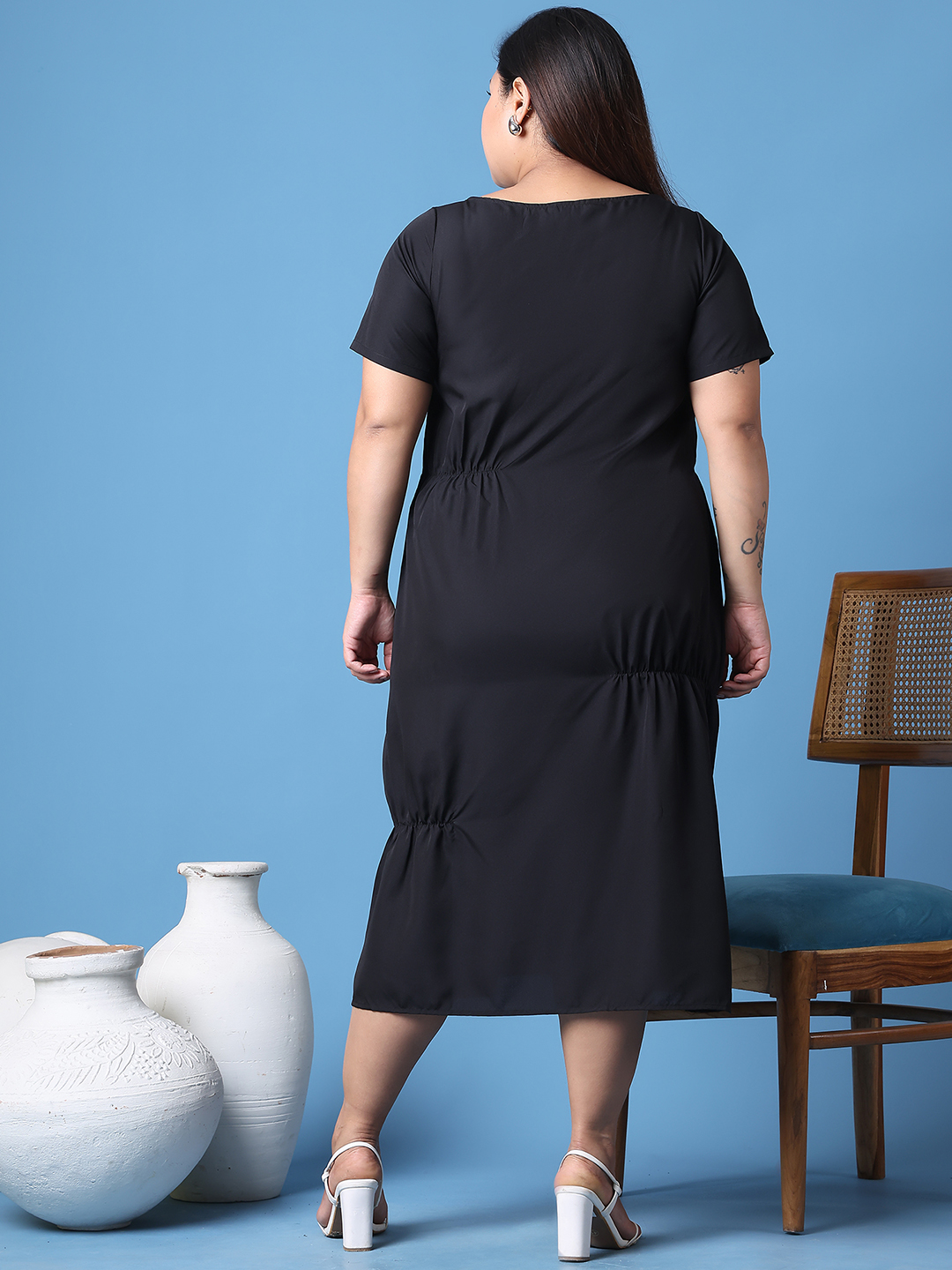 Women's Plus Size Black Solid Color A-Line Crepe Dress